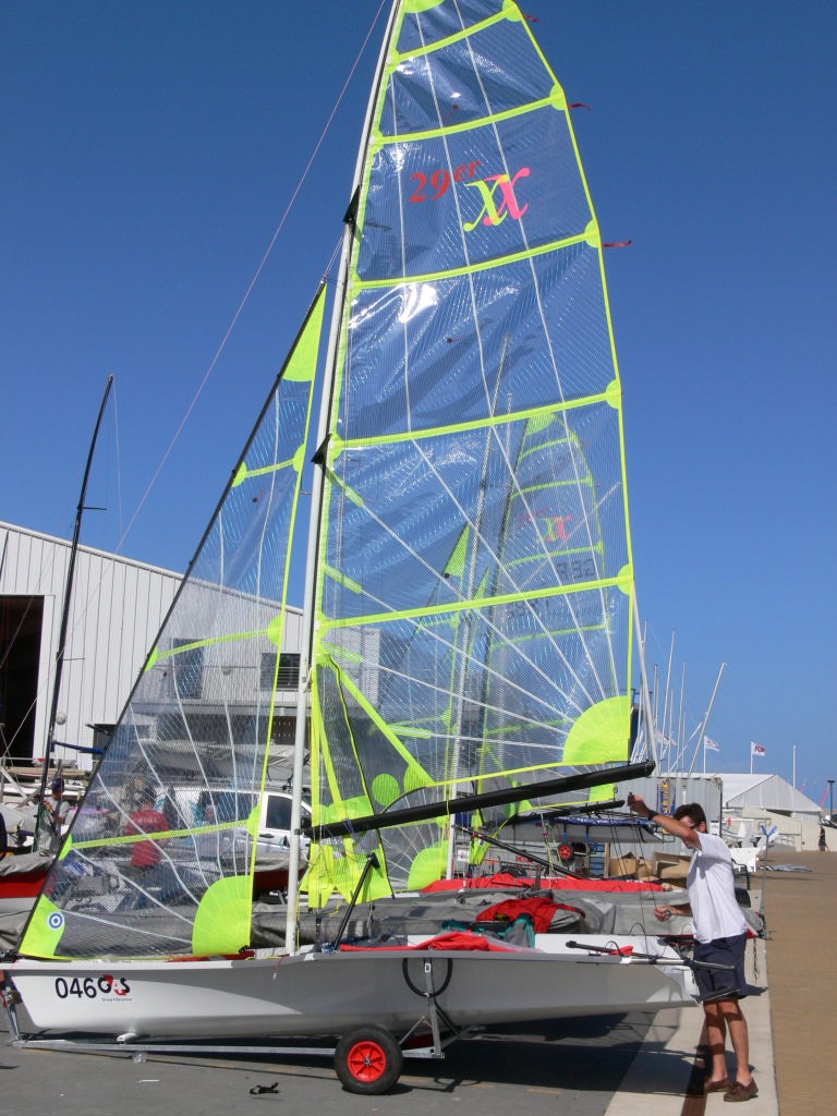 Set up in the boatpark, the 29erXX’s larger rig is apparent © Ross Whitburn